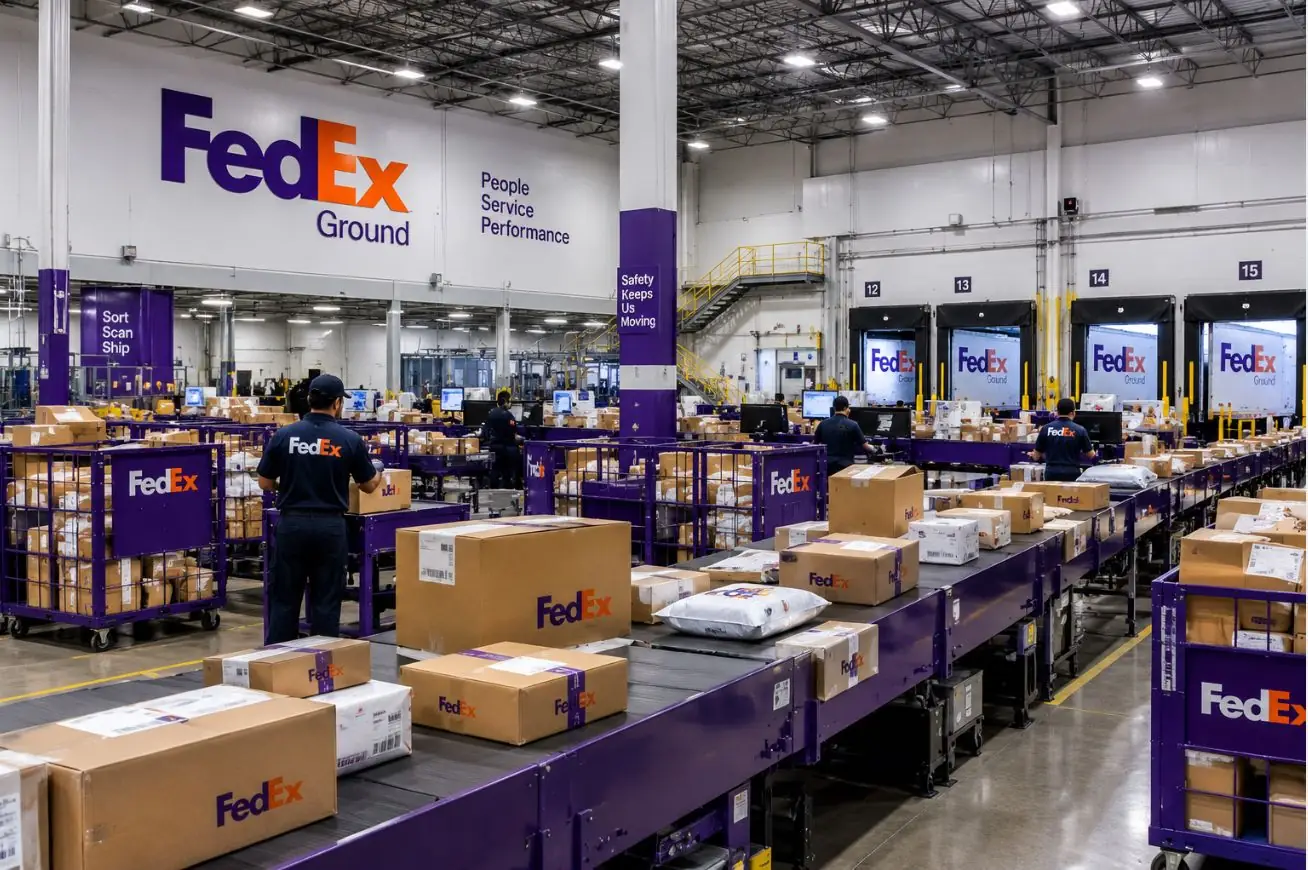 Inside a FedEx Ground sorting facility with packages moving along conveyor belts